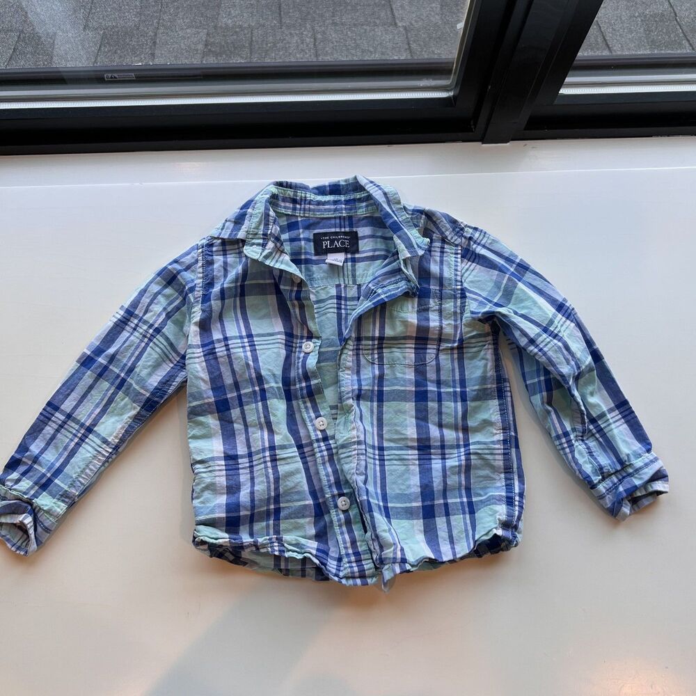 The Children's Place Boys Plaid Button Down Shirt Blue Green Size 24M Like New